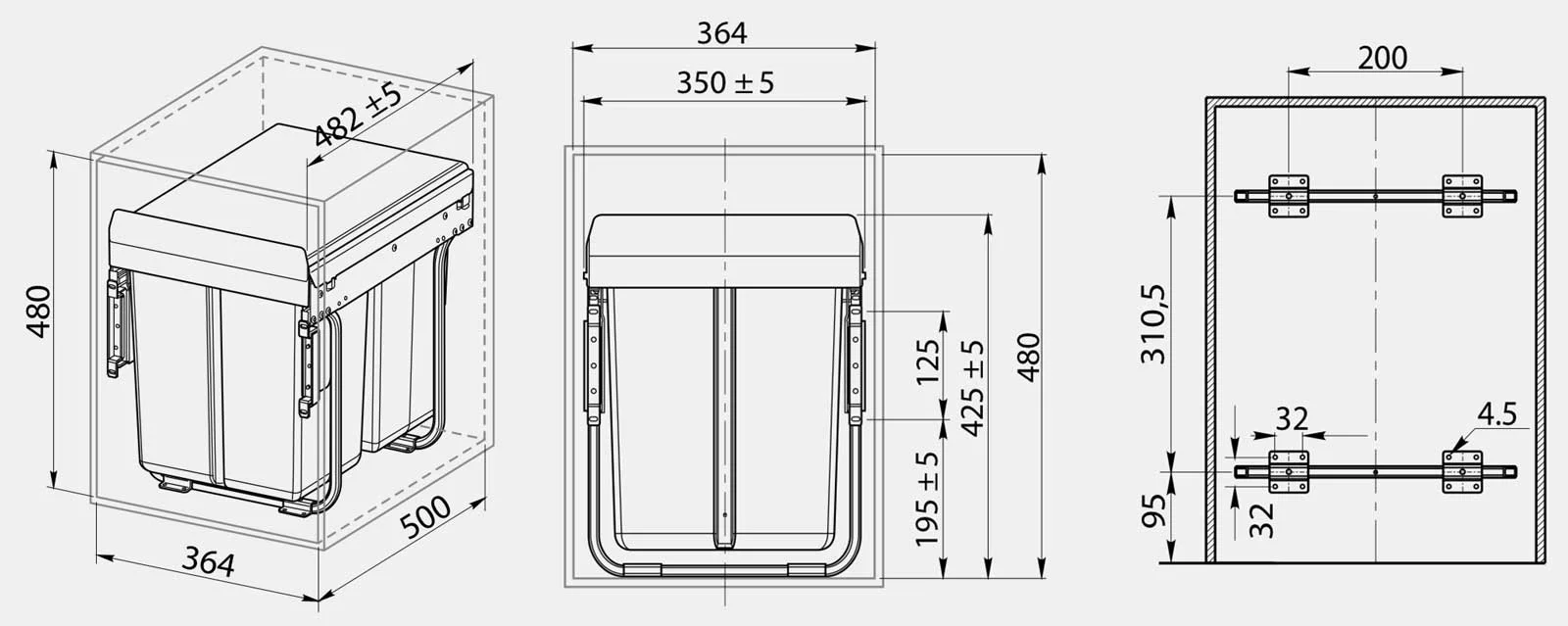 Ведро для мусора выдвижное GTV 20L+2x10L с доводчиком PB-45-202х10-2