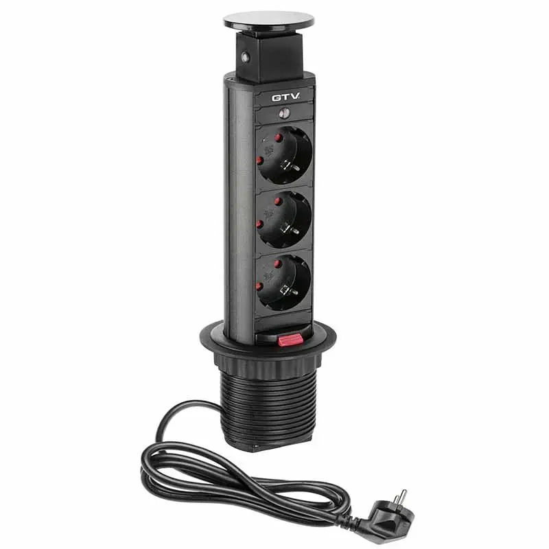 Подовжувач висувний 3 розетки GTV AE-BPW3S60-20 (Schucko) чорний із проводом 1,5 метра