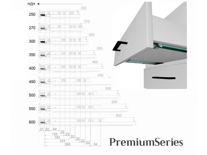 Тандеми повного висування ДС Преміумлайн з доводчиком Clip-On
